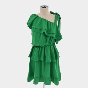 ZARA Womens Green One Shoulder Dress Size L Mini Tiered Ruffle Boho Preppy Beach